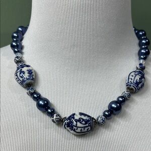 Chinese Porcelain Blue Crane Beaded Necklace